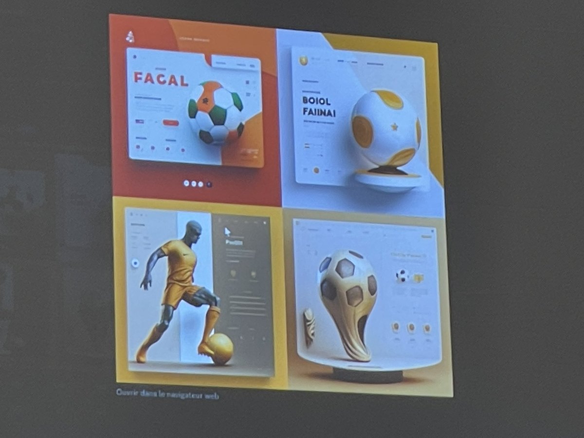 camillejourdain's tweet photo. Comment créer des visuels avec @midjourney ?
Par exemple pour une page d’accueil de site web avec un ballon de foot. 
Démo en live via un bot sur Discord lors de cette conférence. 
Un résultat assez bluffant. 👍
@NicolasQuilliet @comenorday 
#CEOD #IA https://t.co/VTwTMZUyGo