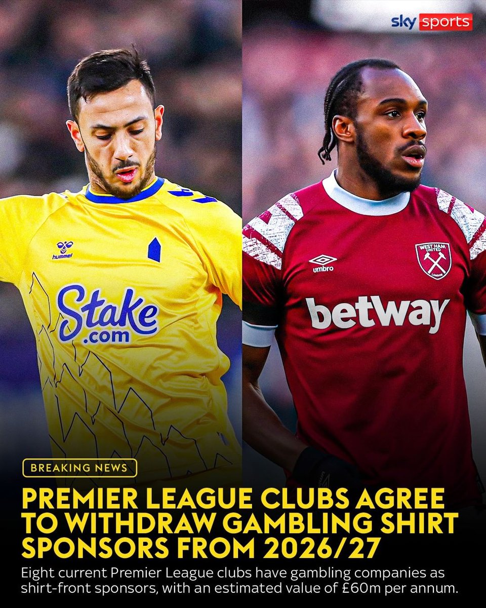 SkySportsPL's tweet photo. Premier League clubs have collectively agreed to withdraw gambling sponsorship from the front of clubs’ matchday shirts. 🚨 https://t.co/V4eFPBHW7i
