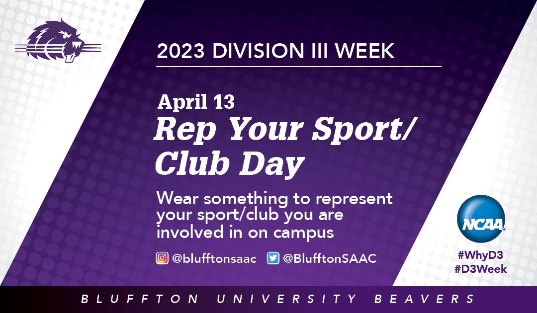 Bluffton SAAC (@blufftonsaac) on Twitter photo Day 4 of D3 Week Beavers!! Rep your Sport or Club and post on socials tag <a href="/BlufftonSAAC/">Bluffton SAAC</a> to enter the drawing! Day 4 of D3 Week Beavers!! Rep your Sport or Club and post on socials tag <a href="/BlufftonSAAC/">Bluffton SAAC</a> to enter the drawing!