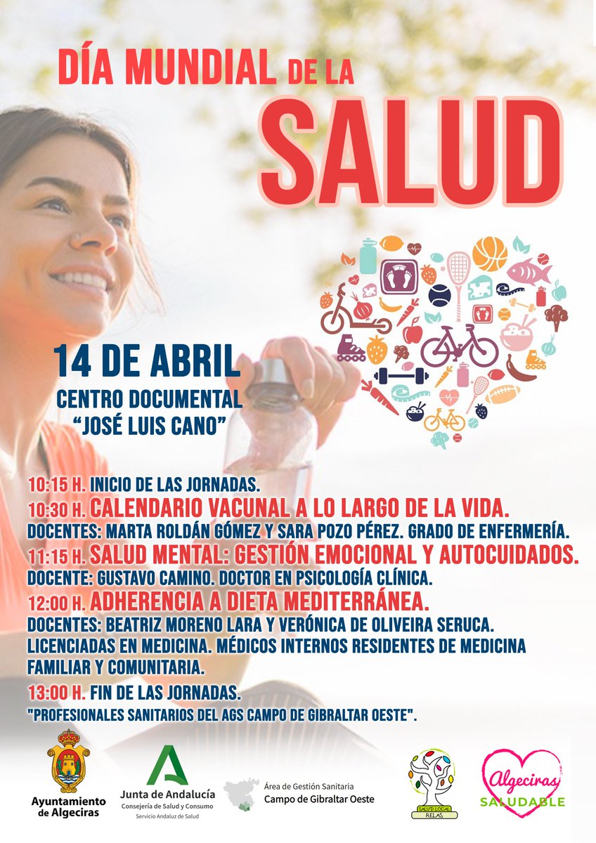 #SaludPúblicaAndalucía
#AlgecirasRELAS
📅El viernes 14 de abril el @aytoalgeciras celebra el #DiaMundialdelaSalud 💚con una serie de conferencias y exposiciones en el  Centro Documental José Luis Cano
@saludand 
@VidaSaludAnd
@JuntaCG
@EASPsalud
@Jorge_delDiego
#localizarlasalud