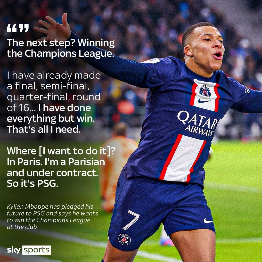 SkyFootball's tweet photo. Kylian Mbappe has pledged his future to Paris Saint-Germain amid rumours linking him to Real Madrid ✅ https://t.co/d4jbL3RxRE