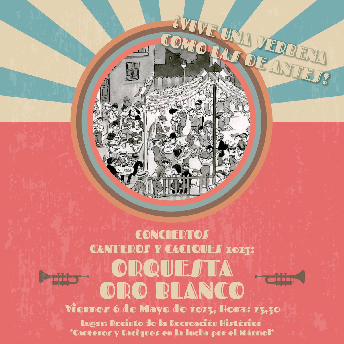 macaelturismo's tweet photo. El Sábado 6 de Mayo de 2023, a las 23,30, con motivo de la V recreación histórica #canterosYcaciques2023, Orquesta Oro Blanco, Músicos provenientes de célebres orquestas formadas en Macael se juntan para recuperar las "clásicas" verbenas. https://t.co/TF6vCEQZIU https://t.co/lTHTC8FVdb