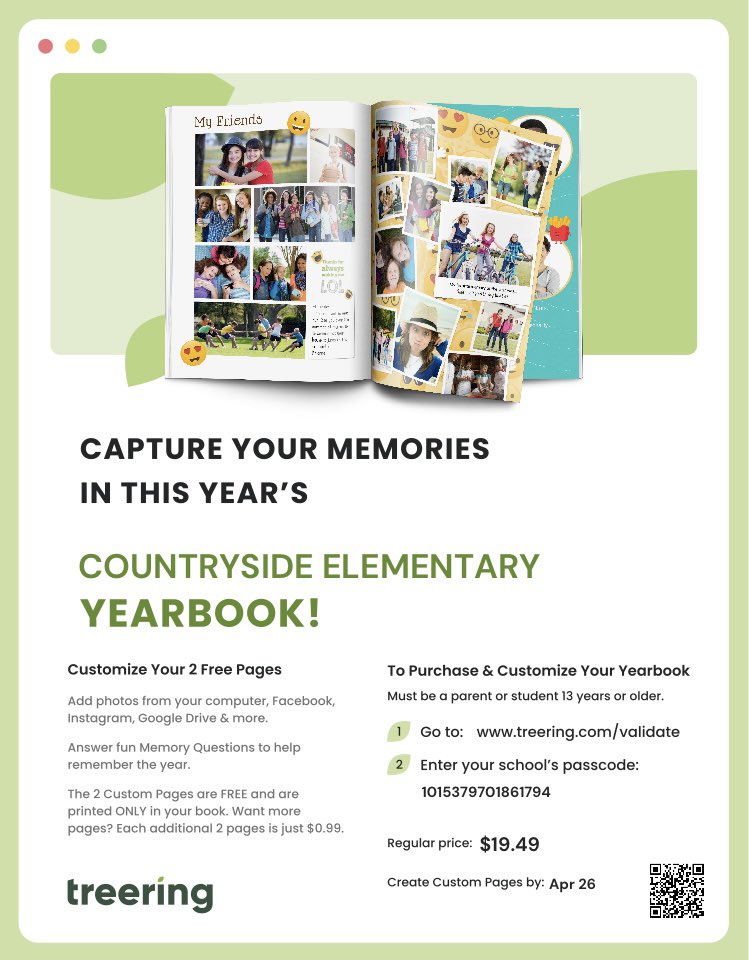 Countryside_PTO's tweet photo. Only 2 weeks left to order a yearbook and have it delivered to school! You’ll receive 2 free custom pages with your purchase. (Yearbooks can be purchased after 4/26 but will be shipped to your home). https://t.co/mH3y0pkrlF