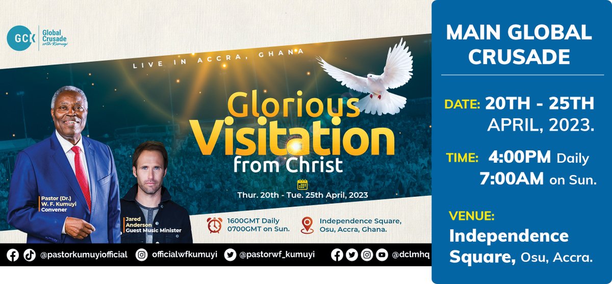 thecophq's tweet photo. The Global Crusade with Kumuyi (GCK) has impacted over 30 million people worldwide, and now we are glad to announce that this year’s event is taking place in Ghana.

#GCK2023 | #MaximumImpact | #PossessingtheNations https://t.co/ePFl1Oqtmc