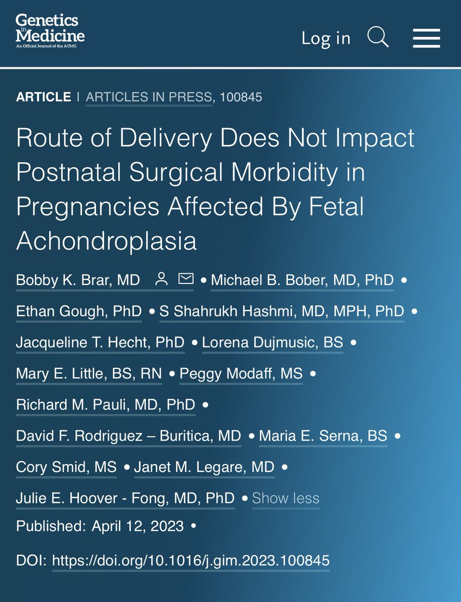 Happy to share our groups findings re postnatal outcomes related to route of delivery in pregnancies w/ fetal #achondroplasia. Thankful for the support from my #CLARITY team members and <a href="/GIMJournal/">Genetics in Medicine</a> 

<a href="/TheACMG/">ACMG</a> <a href="/HopkinsMedicine/">Johns Hopkins Medicine</a> <a href="/HopkinsGynOb/">Johns HopkinsGynOB</a> #mfmgenetics 

gimjournal.org/article/S1098-…