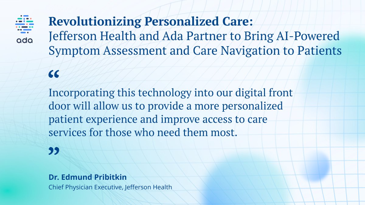 We’re excited to work with Jefferson Health @TJUHospital, Philidelphia’s largest health system, to help “lower the barrier to entry for care while improving operational efficiency.” 📌Read more: ada.com/press/230413-a…