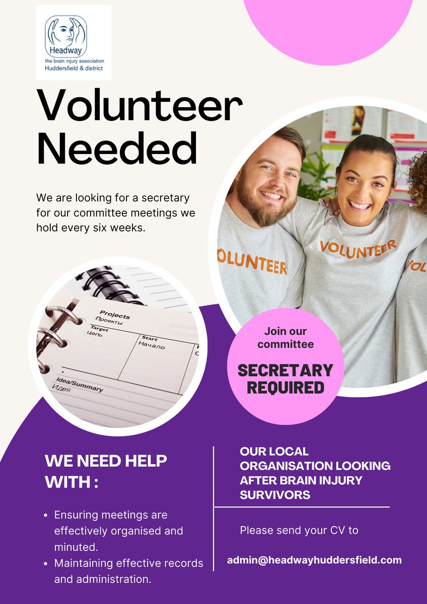 HeadwayHudds's tweet photo. We are looking for a volunteer Secretary to join our committee - we hold committee meetings every six weeks - we care for brain injury survivors across Calderdale and Kirklees. Send your CV to admin@headwayhuddersfield.com 
#Secretary #Volunteer https://t.co/omJQYYI6Ft