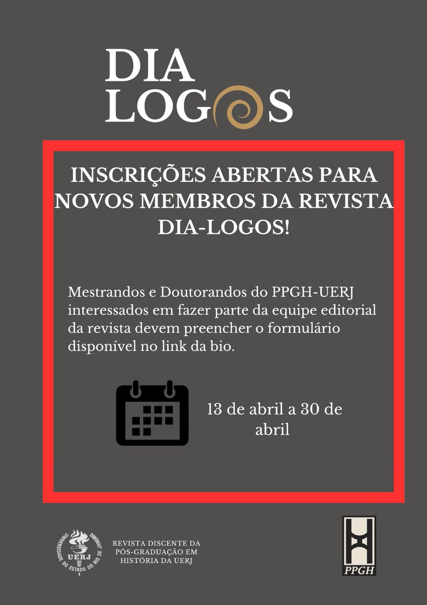 Processo Seletivo 2023 - Novos Membros(as) da Revista Dia-logos

Se você atende aos pré-requisitos, venha fazer parte dessa equipe!

Link do formulário na bio do insta <a href="/revistadia/">Revista Dia</a>.logos ✨