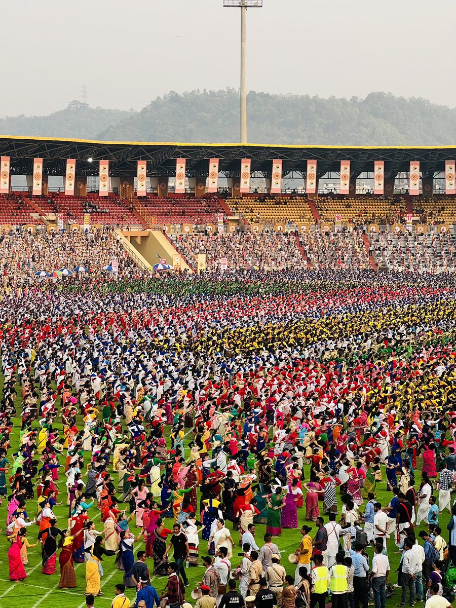 aboyobbhuyan's tweet photo. HISTORIC: Assam’s Bihu enters the Guinness Book of World Records with the Largest Bihu performance in a single venue under the folk-dance category.

11,140 Bihu Dancers, Drummers performed together at the Sarusajai Stadium a while ago.

Practice to continue for the Mega Celebration tomorrow with the presence of PM Modi.