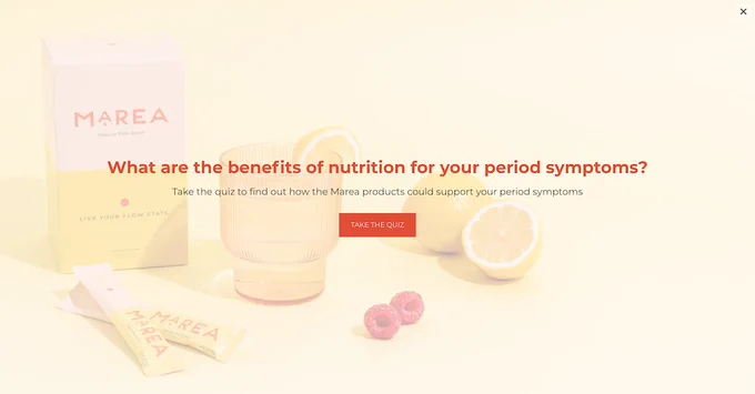Marea's quiz landing page that reads "What are the benefits of nutrition for your period symptoms?" and prompts the site visitor to take the quiz.