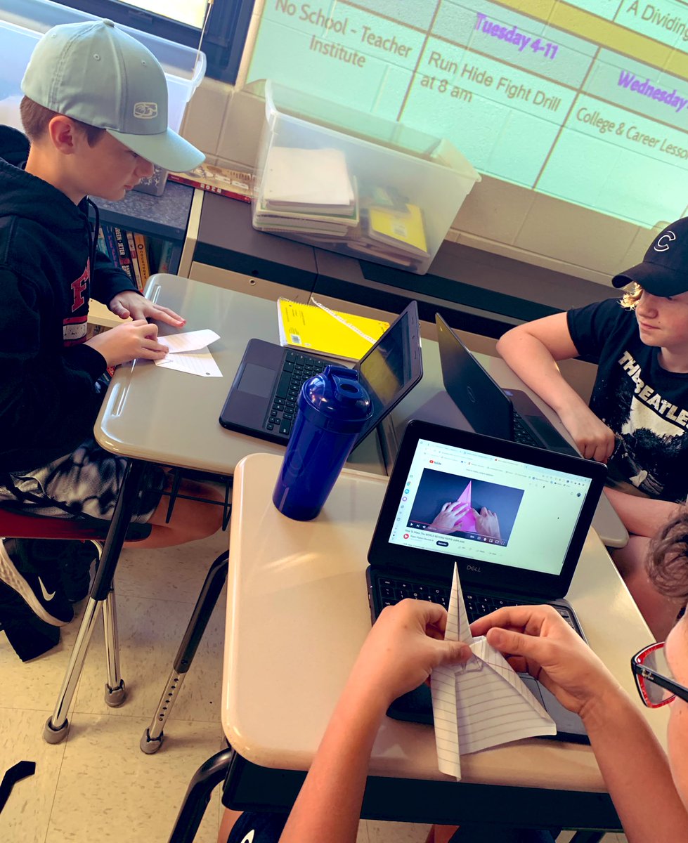 AlisonStrandell's tweet photo. Look out YMS, my #Advisory students are watching YouTube videos called How to build world record paper airplanes ✈️ #CampfireTalks #CampYMS #OneYMS #CabinTriumph #Competition @115yms https://t.co/DgTKXcHH4z