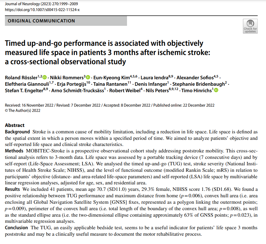 #OpenAccess article in the Journal of #Neurology:

"Timed up-and-go performance is associated w/ objectively measured life space in patients 3 months after #ischemicstroke: a cross-sectional observational study"

✍️Coauthored by LISER's <a href="/EK_geog/">Eun-Kyeong Kim</a>, et al.

🔗link.springer.com/article/10.100…