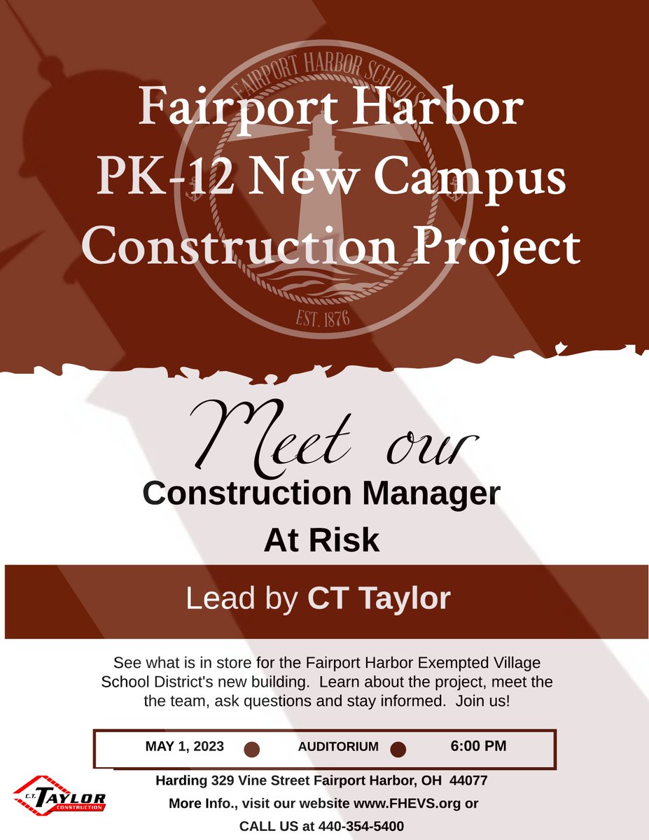 cindi_clair's tweet image. Meet our Construction Manager At Risk, on May 1, 2023, at 6:00 p.m.  The meeting will be held in the Harding Auditorium.