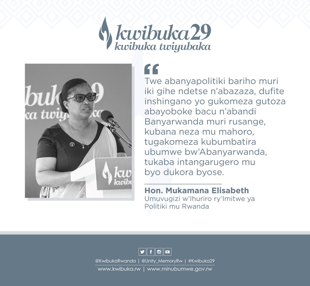 KwibukaRwanda's tweet photo. Hon. Mukamana Elisabeth, Umuvugizi w’Ihuriro ry’Imitwe ya Politiki mu Rwanda, yagarutse ku buryo abategetsi bo muri Repubulika ya mbere ndetse n’iya kabiri bashyize imbere politiki y’urwango n’amacakubiri. Yakomoje no ku nshingano abanyapolitiki b’iki gihe bafite.
#Kwibuka29 https://t.co/JLvllaAVhi