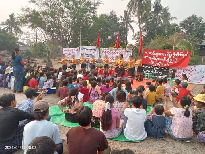 NantEiThandar's tweet photo. The main strike protesters of Sagaing Region's #Taze township held an anti-junta demonstration on the first day of #RevolutionaryThingyan, April 13.

#2023Apr13Coup
#WhatsHappeningInMyanmar https://t.co/cTZa9PSLwu