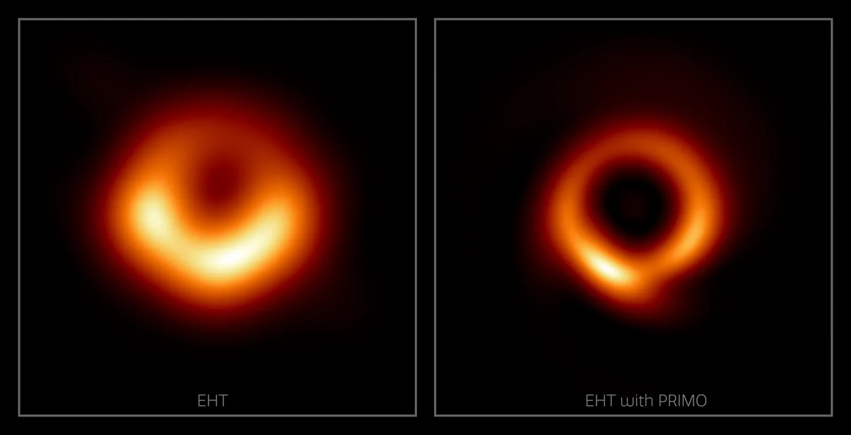 The image of the M87 supermassive black hole originally published
by the EHT collaboration in 2019 (left); and a new image generated by the PRIMO algorithm using the same data set (right).
