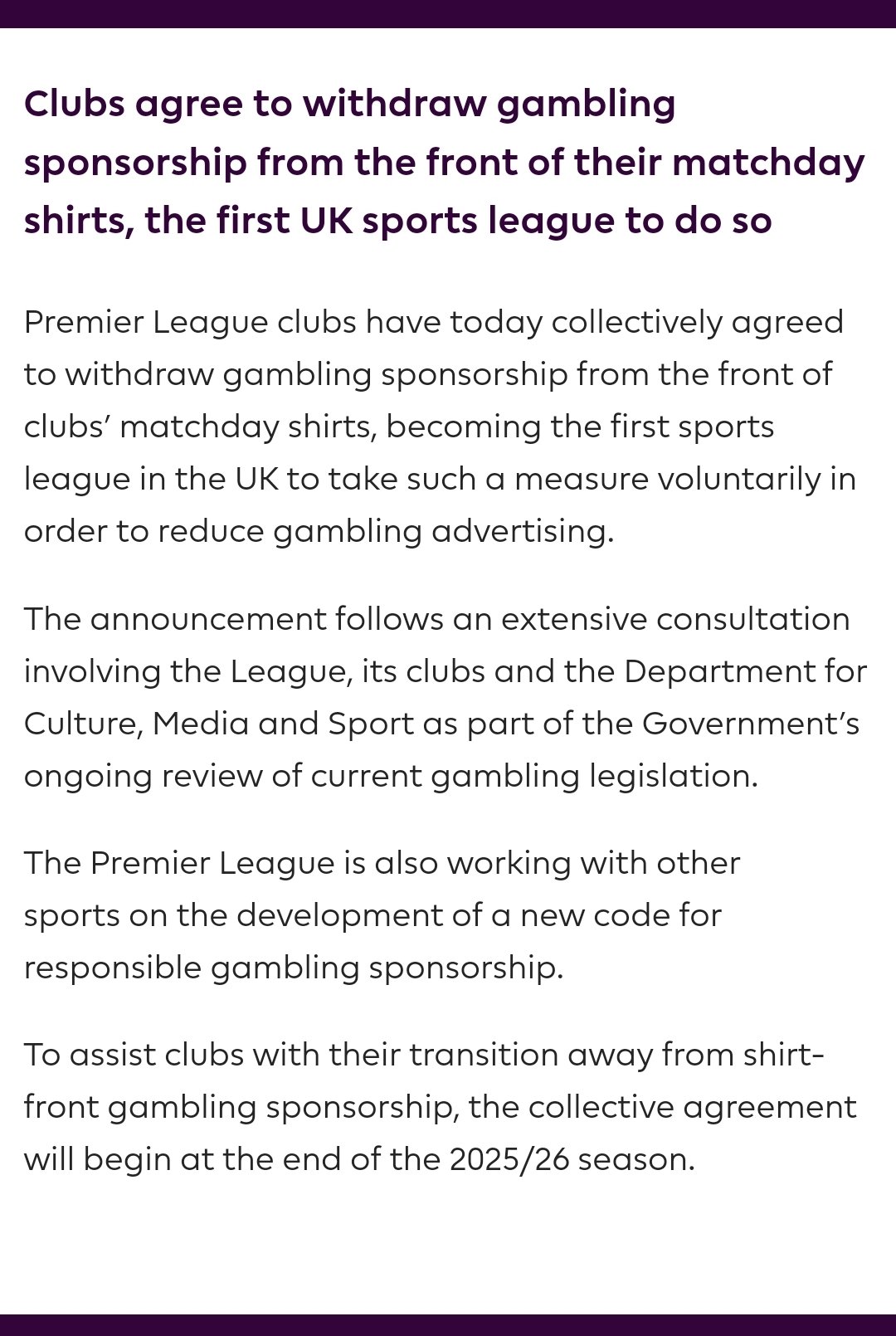 Premier League to withdraw gambling sponsorships from front of matchday  shirts