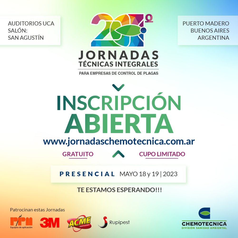 Estas 20mas Jornadas Técnicas van a ser un 🔥
Estamos preparando muchas novedades... estarán los stands de nuestros sponsors, mostraremos novedades y muchas cosas más!

jornadaschemotecnica.com.ar
#jornadaschemo #capacitaciones #controldeplagas