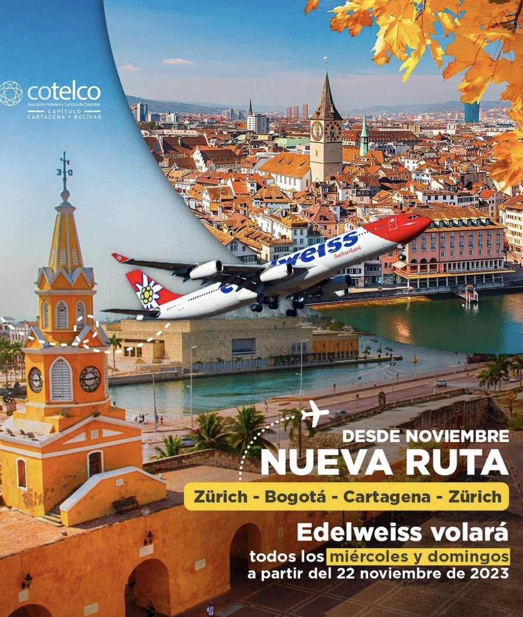 ¡YA ES UNA REALIDAD! Mediante de un esfuerzo articulado entre Cotelco Cartagena y Bolívar, @procolombiaco, @corpoturismoctg, <a href="/aeroCTG/">Aeropuerto Rafael Núñez - Cartagena</a>  y <a href="/BOG_ELDORADO/">Aeropuerto El Dorado</a> , se iniciará la ruta Zürich - Bogotá - Cartagena - Zürich, los días miércoles y domingos a partir del 22 de noviembre.