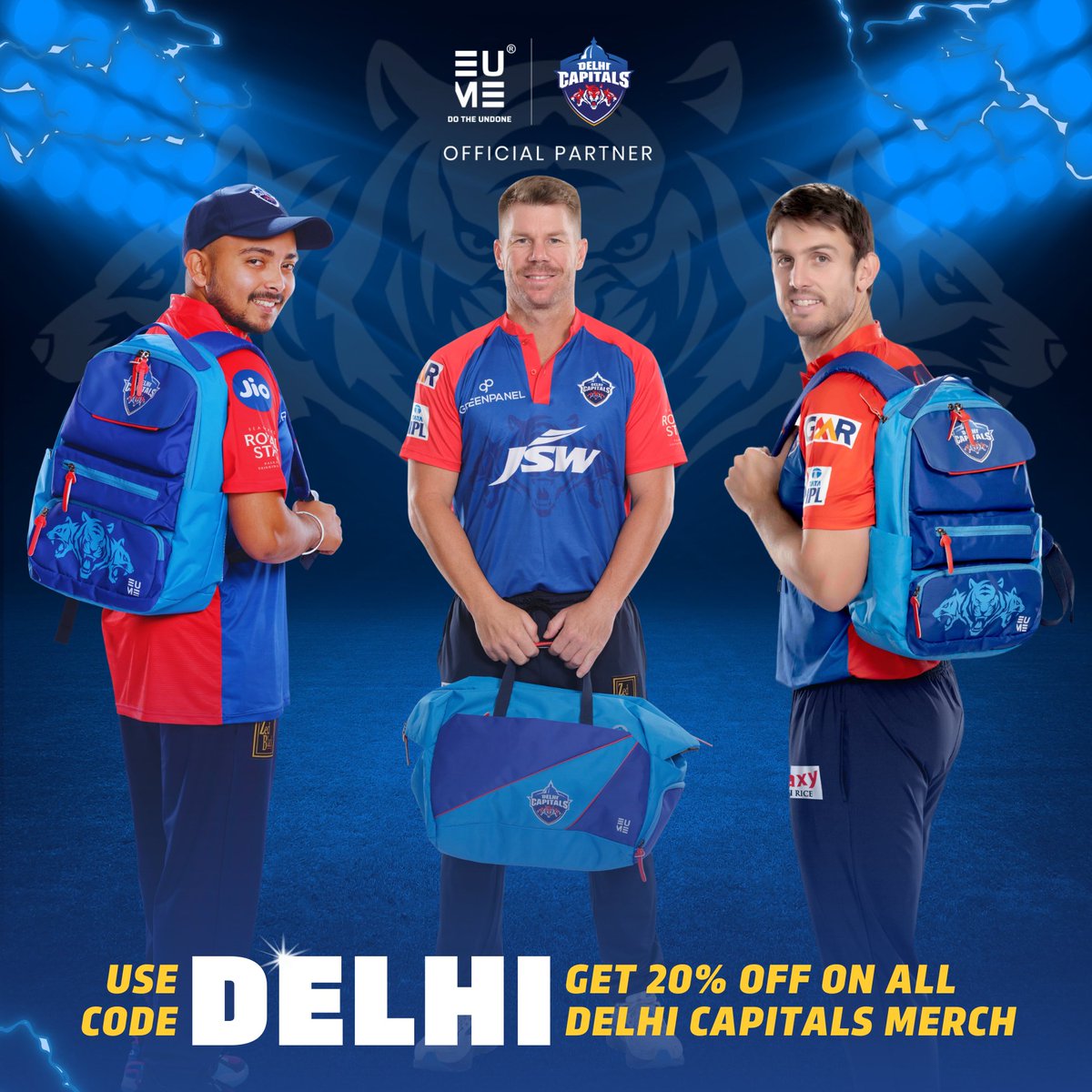 DelhiCapitals's tweet photo. Unleash the true-blue Delhi Capitals fan in you💙

Use coupon code DELHI for 20% off on exclusive @eumeworld_ travel merch on https://t.co/YoHVNcN4Qf!

5 Lucky Winners will get tickets to DC Home Games &amp; 5 Lucky Winners will get Signed Merch!

#YehHaiNayiDilli #DoTheUndone https://t.co/czLpcxrCLC