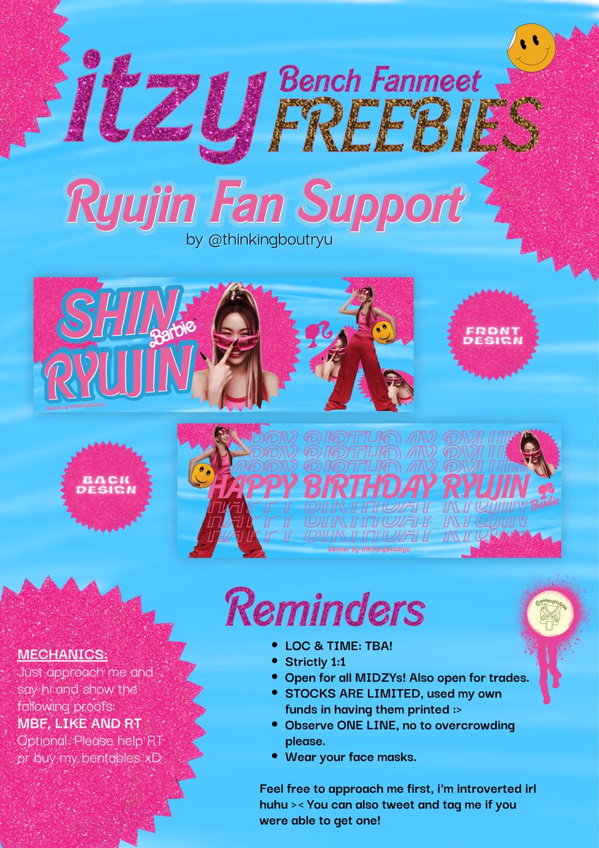 thinkingboutryu's tweet photo. BENCH ITZY Fanmeet 
RYUJIN Fansupport Project
#ITZY #ITZYinManila 
#WannaBeWithBENCH #BENCHXITZY

☻ limited quantities

my pahabol freebie project ~ i'll be giving away ryujin BARBIE 🎀 banners for free. open to all midzys! loc tba!

see poster for details &amp; pls be nice 🫶🏼 https://t.co/3S0EykY9zd