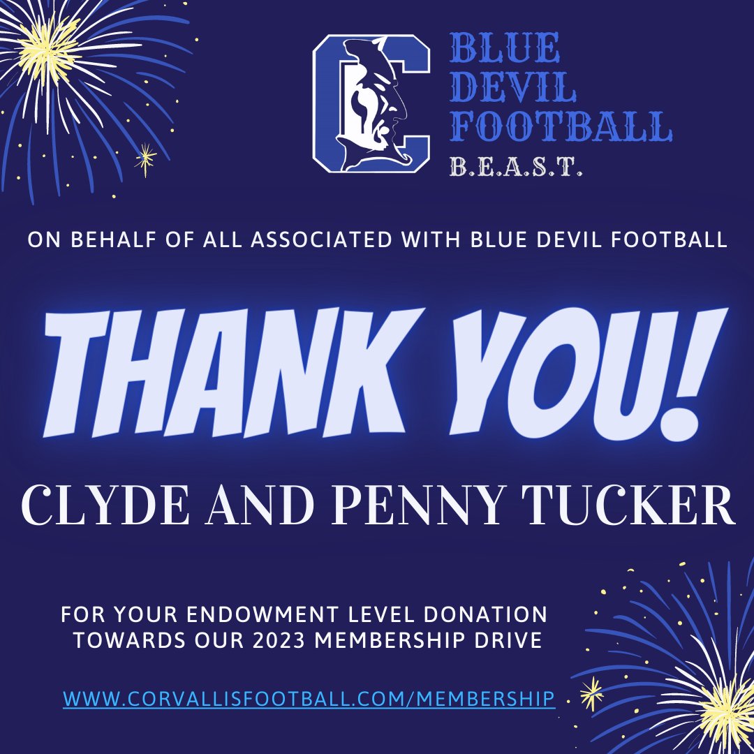 CHSBlueDevilFB's tweet photo. Blue Devil Football wants to thank Clyde and Penny Tucker for their donation towards our 2023 Membership Drive! Go Blue Devils and stay tuned to see who else is on board for BEASTtime!
#BEASTtime https://t.co/ArqzrFBpd4