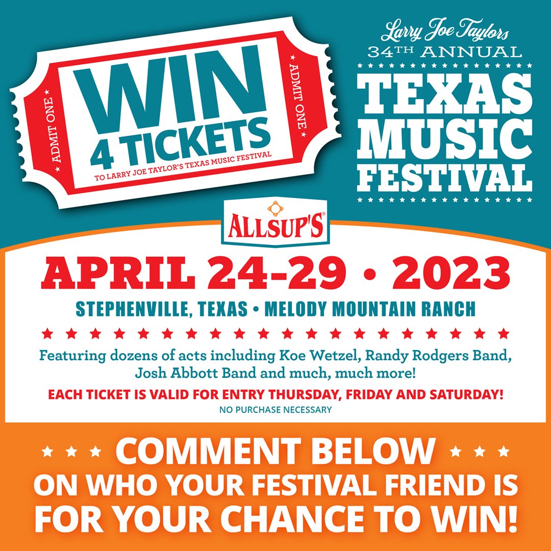 Calling all country music fans!! Here's your chance to win tickets for you and your friends to LJT Fest in Stephenville TX!! Each ticket is valid for entry for April 27th, 28th, and 29th. To enter: comment below who you would like to take with you to LJT. See you there! 🌯