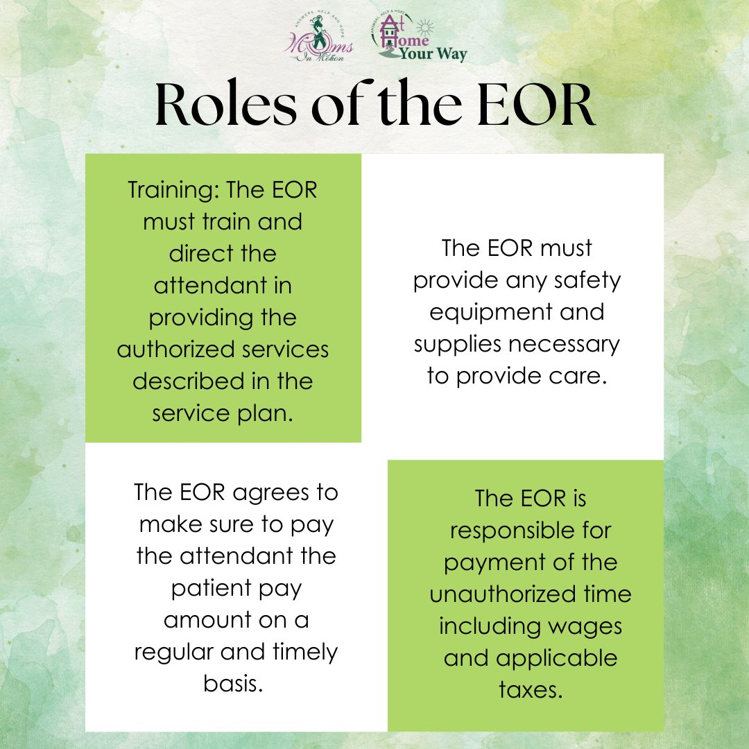 AtHomeYourWay's tweet photo. Speak with your Service Facilitator to learn more about your responsibilities as the EOR! 
Check out our website https://t.co/9dejOf5Ywu to learn where to find attendants, how to change EORs, and more!

#answershelphope #virginiamedicaidwaivers #momsinmotion #athomeyourway https://t.co/OEjrBz5IVU