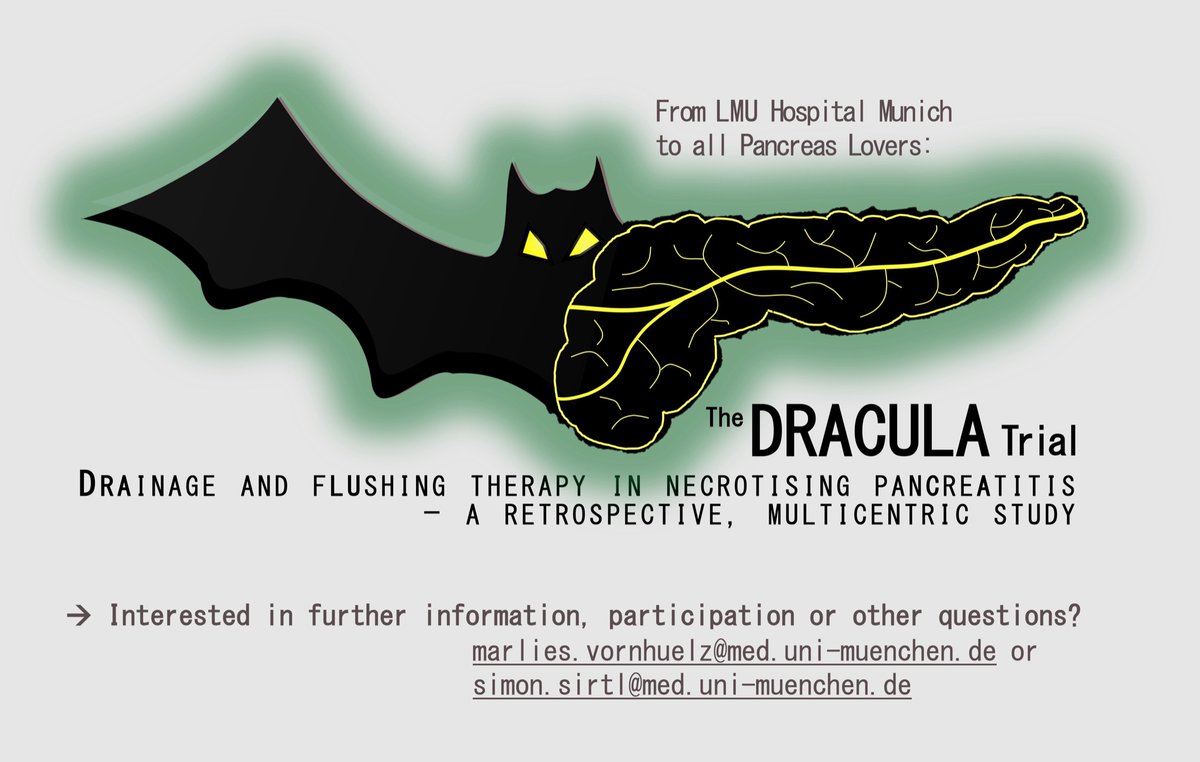 SimonSirtl's tweet photo. We all know how challenging the treatment of acute necrotising pancreatitis can be. The DRACULA trial currently being launched by our LMU Pancreas Team is looking into the question of who flushes which drainage with what, for how long and what of this has outcome relevance?🧛‍♂️ 🏥 https://t.co/fKj1jLhEA6