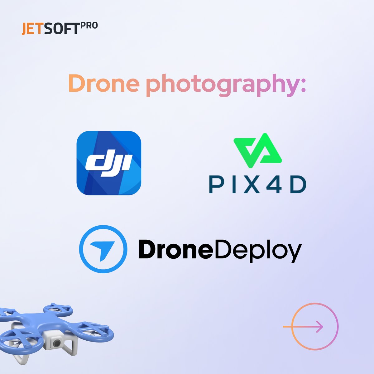 JetSoftPro's tweet photo. Popular #software for #drone photography includes DJI GO, #DroneDeploy, and #Pix4D. Software such as DroneSense and Skydio can help with search and rescue operations.
🔗Check our latest blog post to learn more:
https://t.co/nTJRPV7SPL https://t.co/8XfkFpSqnD