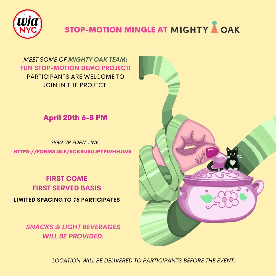 WIA Members! We have a great opportunity coming up from A Mighty Oak. The Mighty Oak team is having a stop motion mingle on April 20th from 6-8pm. Sign-ups are first come, first served. We hope you'll join us!
Sign up for Mighty Oak's Stop Motion Mingle: bit.ly/3Uyl6qb