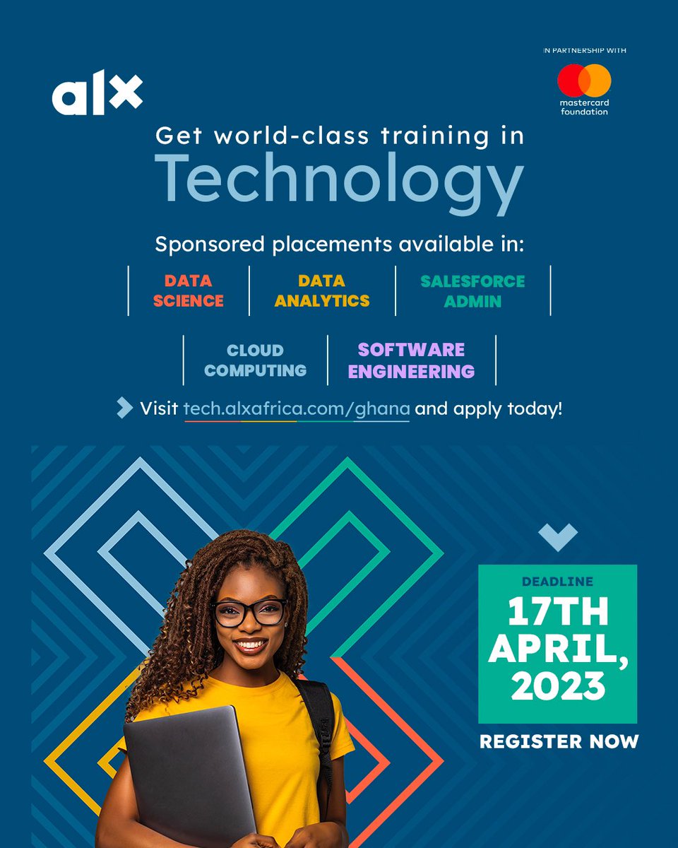 EdwardAsare's tweet photo. If you missed out on the first round application, then don’t miss this one 

Get certification in Data Science, Data Analytics, Salesdorce Admin, Cloud Computing and Software Engineering with @alx_africa 

New deadline is April 17 

Apply here https://t.co/JFbIwngUOU https://t.co/iCKfIhYmBO