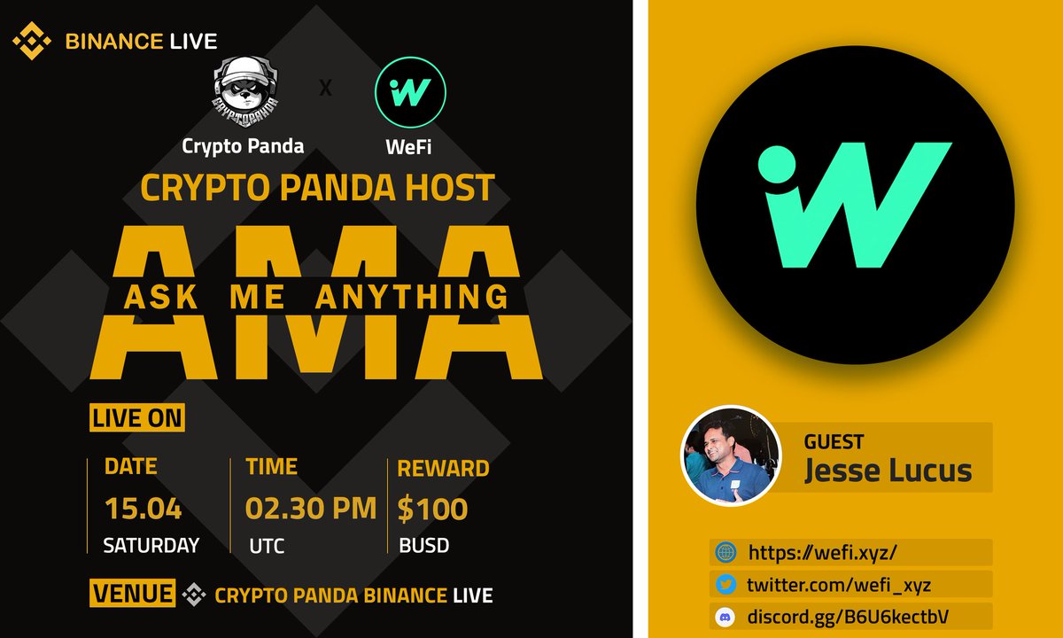 We are pleased to announce our #binancelive AMA with <a href="/wefi_xyz/">WeFi</a>  on 15 April  2023 at 2:30 PM UTC

Reward: $100 BUSD

Venue : binance.com/en/live/video?…

Task
Follow :- <a href="/wefi_xyz/">WeFi</a>  &amp; @panda_airdrop24

~Like
~Retweet 
~Submit question in Comment Section