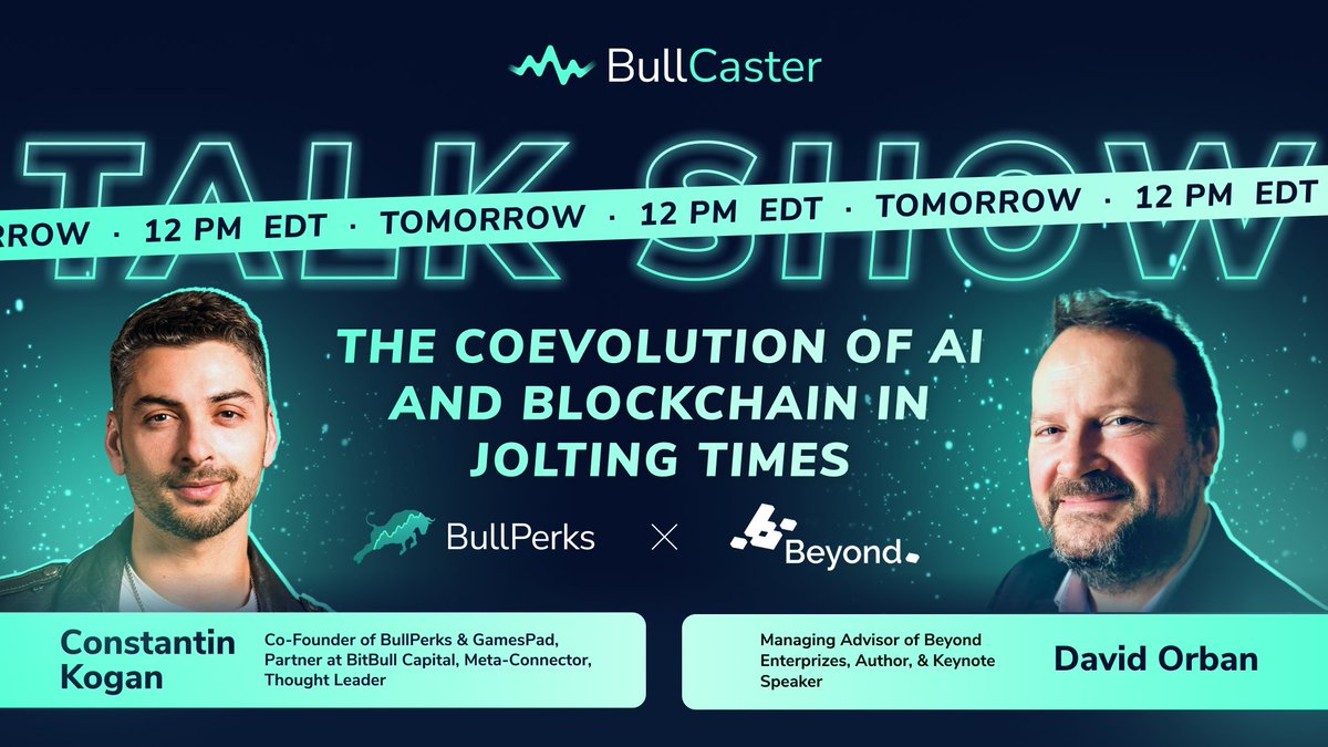 bullperks's tweet photo. π GET READY FOR AN AMAZING SHOW TOMORROW!
π€ Every two weeks, we invite experts and celebrities from the #crypto, #NFT and #Metaverse space to our talk show #BullCaster.
βΎ @davidorban (Managing Advisor at @BEnterprizes) is joining @constkogan (π #BullPerks & πΎ @gamespad_vc Co-Founder) to discuss the following topic:
π€ The Coevolution of #AI and #Blockchain in Jolting Times β prepare your questions and be ready to ask them in the live chat.
β‘οΈ Join us at 4 PM UTC / 12 PM EDT on April 14 (Tomorrow) by the link in BIO.