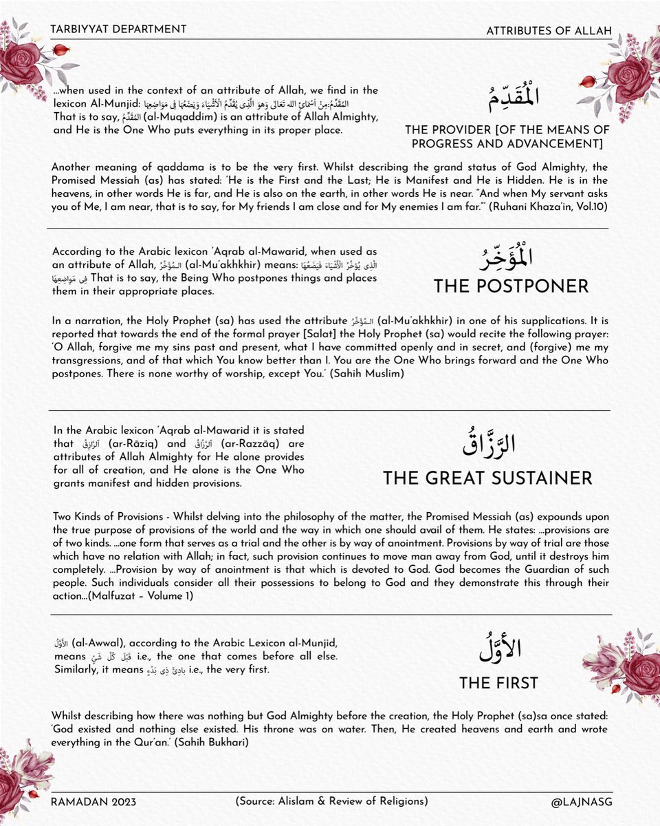LajnaSG's tweet image. 22/30- Ramadan Series on Attributes of Allah

 - The Provider (of the means of progress and advancement)
- The Postponer
- The Great Sustainer
- The First

#AttributesofAllah #Allah #Islam #Ramadan #Singapore #Prayers