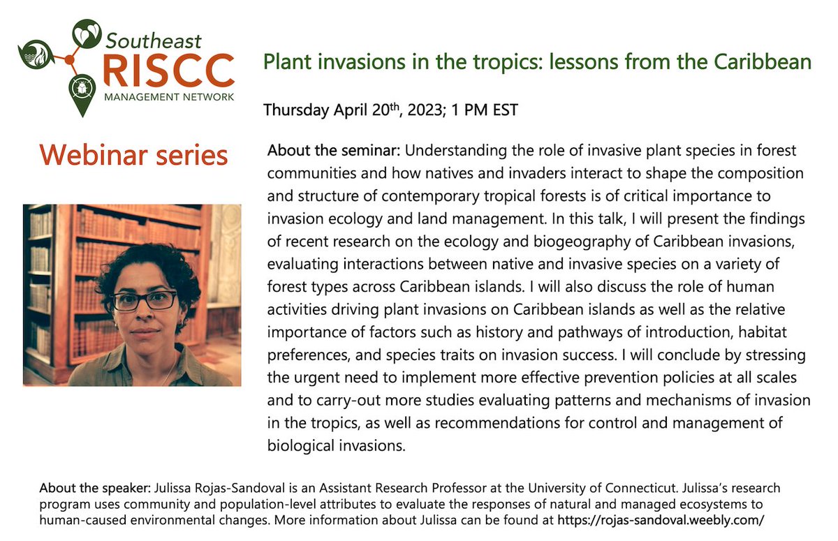 Join us next week to see Dr. Rojas-Sandoval talk about plant invasions in the Caribbean. 

April 20, 1 PM EST

Click here to register: ufl.zoom.us/meeting/regist…