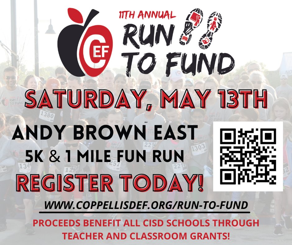 The Annual CEF Run to Fund is a fun community event that helps fund our teacher grants. This school year we have donated over $100,000 to CISD and we couldn't do it without the support of our fabulous CISD community. Don't miss out! 

Register now at coppellisdef.org/run-to-fund