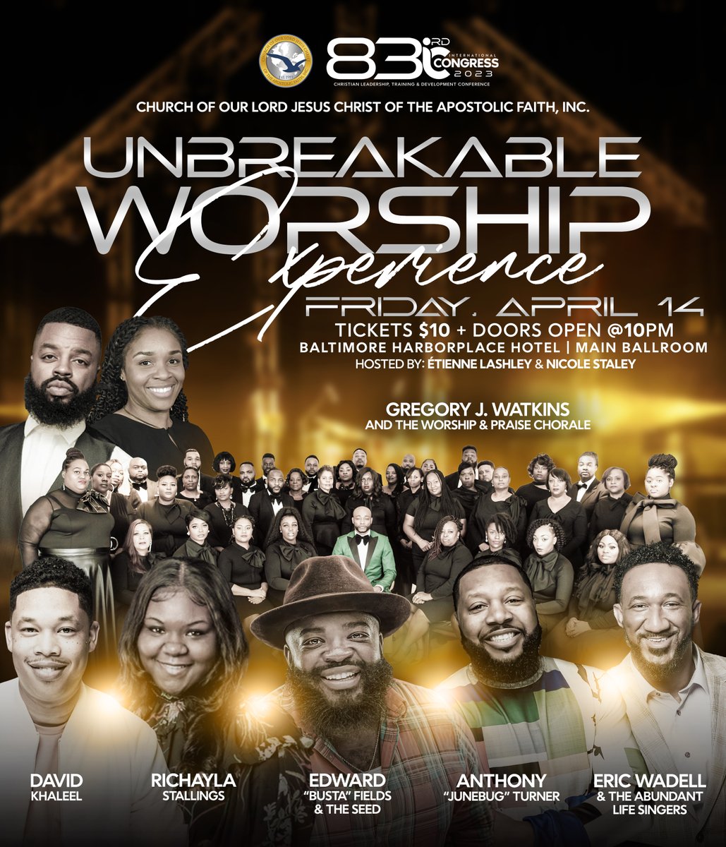 Dont Miss! On Friday, April 14, at 10 pm, the Unbreakable Worship Experience concert in Baltimore, MD, with various musical acts: Gregory Watkins, Eric Waddell, Edward Busta Fields,  IMDA and etc. Get your tickets at icongress.org. #COOLJC #iCongress2023