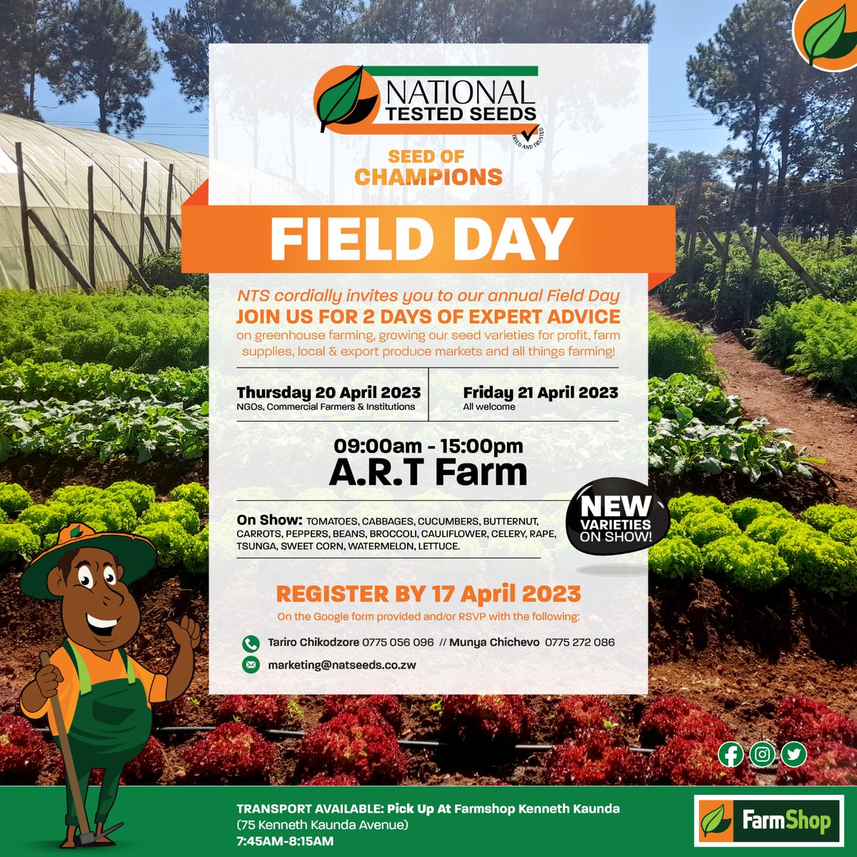 Field day Notice : 20 &amp; 21 April 2023

Venue : Art Farm (Pomona)

Your favorite varieties on Demo, registration in progress

Entrance is Free 
Transport available 7.45am to 8.15am at Kenneth kaunda 

<a href="/cmashx/">Clarence Tinashe Mashavave𓃵</a> <a href="/ndakaripa/">Ndakaripa Hungwe🌻</a> <a href="/mrLethario/">Pastor Farmer 🇿🇼 🌾🥔🥚🐂</a>