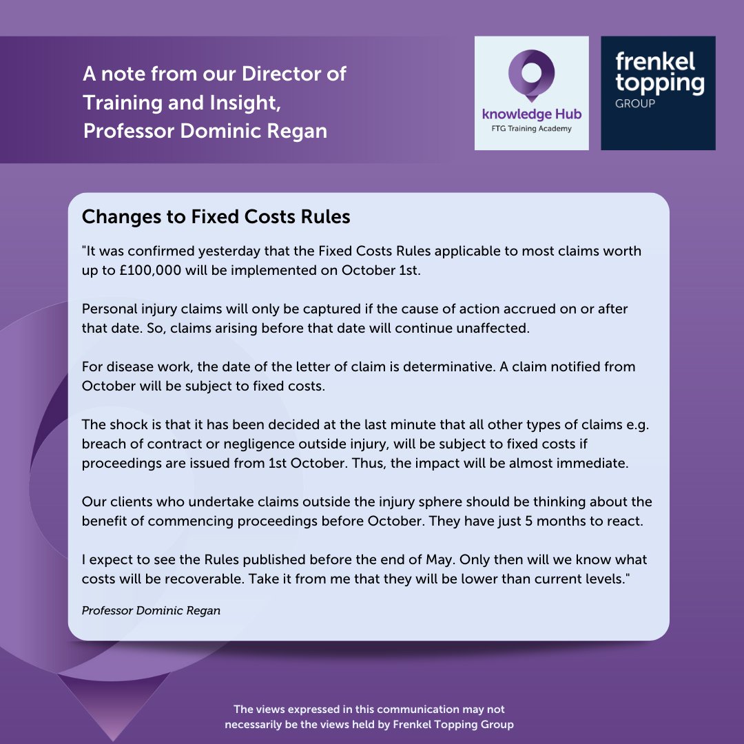FrenkelTopping's tweet photo. Fixed Costs Rules from 1st October 2023 applicable to most claims worth up to £100,000 - Changes to Fixed Costs Rules from our Director of Training and Insight, Professor Dominic Regan.

#FRC #FixedRecoverableCosts #FixedCostsRules https://t.co/Fch7w8hWPS