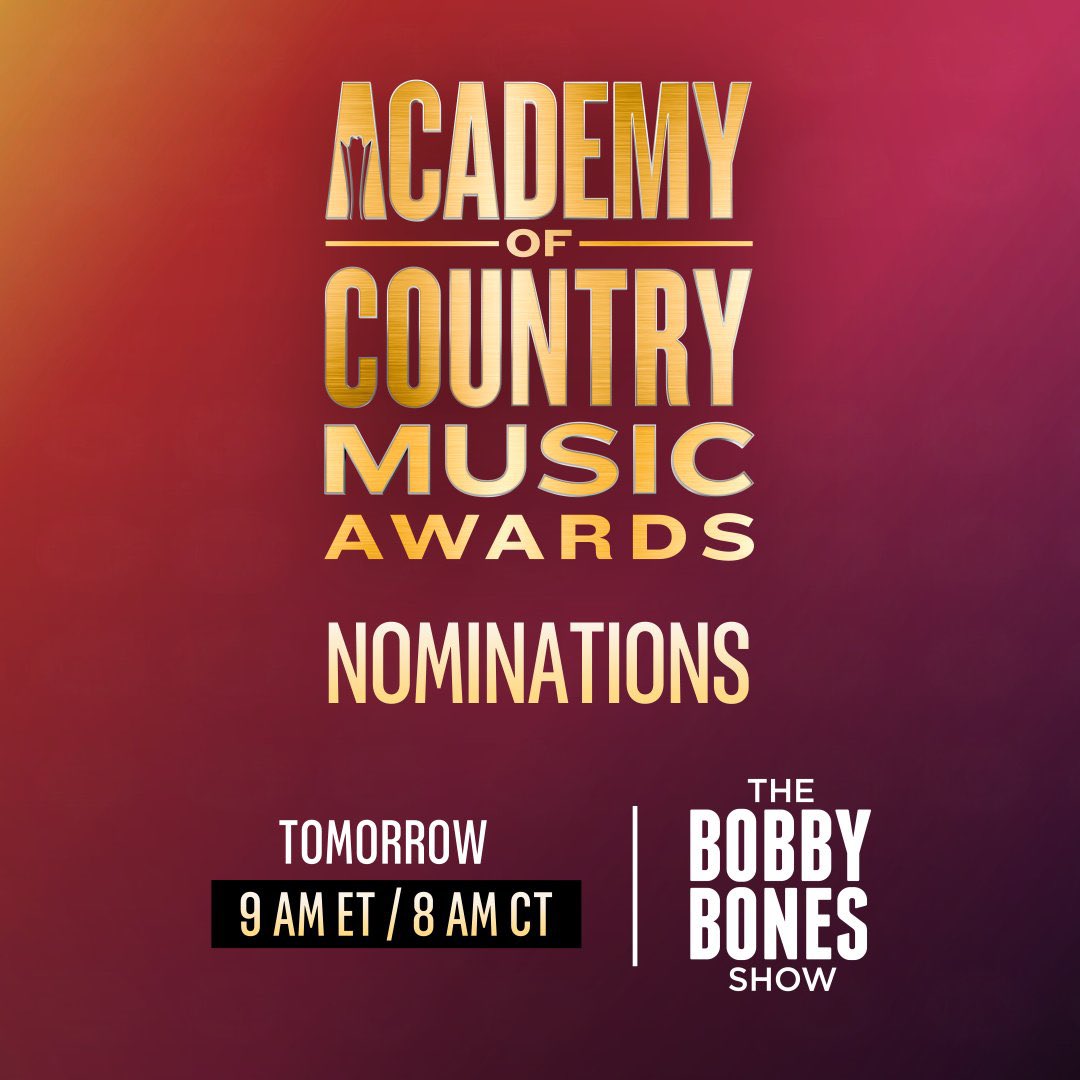 bobbybonesshow's tweet photo. Happening now!!! @mrBobbyBones is announcing the #ACMAwards nominees.

Watch live: https://t.co/hhpnjnO28c 🤩 https://t.co/yaNnFXv2nP