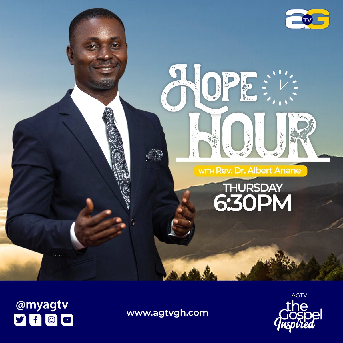myagtv's tweet photo. Hope is not blind optimism but an assurance of God's perfect grace which works through the knowledge of the Gospel. Make time for Hope Hour with Rev. Dr Albert Anane every Thursday at 6:30pm on AGTV - The Gospel Inspired.

#HopeHour #myagtv #AGTV #TheGospelInspired #Ghana #gospel https://t.co/jnFyjagy2o
