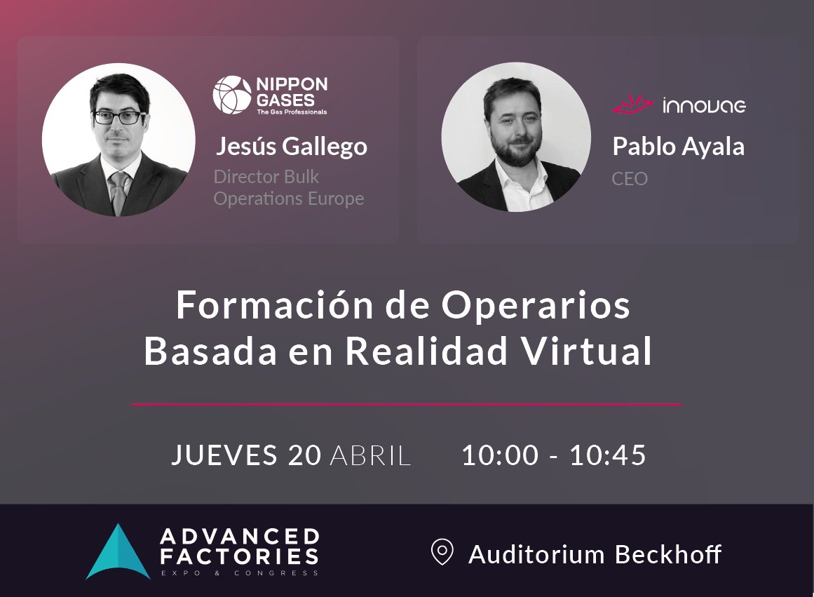 📣Jesus Gallego, Operations Director Europe de Nippon Gases, y <a href="/pabloinnovae/">Pablo Ayala</a>, CEO de Innovae, presentarán en  <a href="/AdvanFactories/">Advanced Factories</a>  cómo capacitar a  operarios de forma más rápida, efectiva y segura mediante la Realidad Virtual.

📍 20/04 10:00. Auditorio principal.  #af23