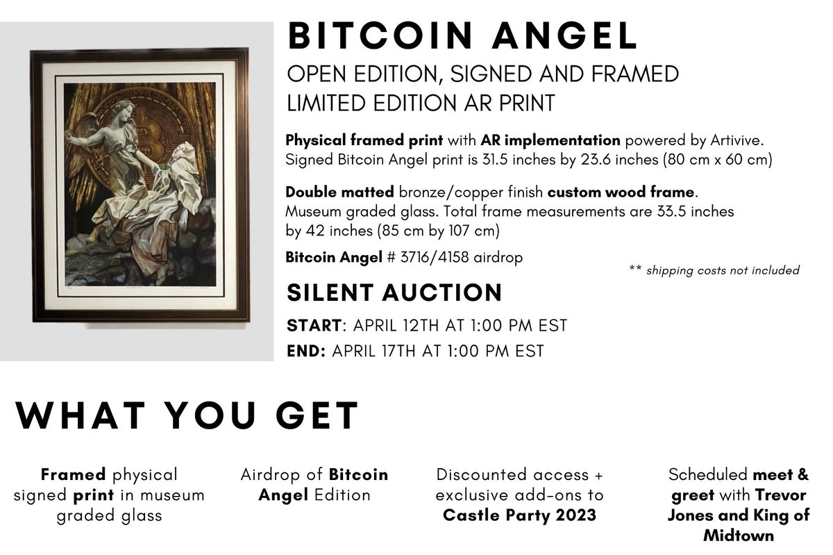 trevorjonesart's tweet image. 🔥 Auction link is live! 🔥 This is the only #BitcoinAngel (AR) limited edition print available in the world. Definitely a very rare opportunity. On display at @crypt_gallery.

Bid 👉   niftygateway.com/collections/ko…

Check out the Crypt events for tonight. Huge!!
@niftygateway #NFTNYC