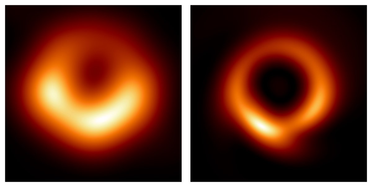 L: The image of the M87 black hole, generated by the Event Horizon Telescope in 2019. R: The image recovered by the PRIMO algorithm, using the exact same EHT data. This is not an enhancement of the 2019 image, but an independent reconstruction from the same starting point.