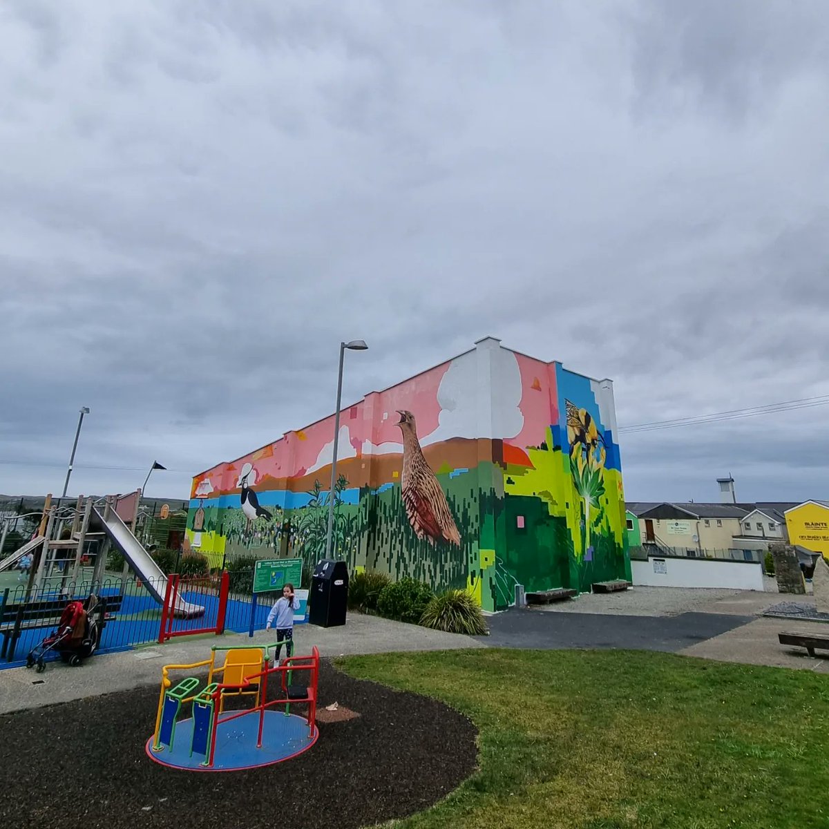 jameskirwanart's tweet photo. Mural in Belmullet commissioned by @TidyBelmullet @CorncrakeLife @NpwsProject @GYB_Project @LIFEonMachair The mural includes The Great Yellow Bumblebee, The Corncrake and Lapwing. Míle Buíochas to all involved 🙏💚🪻🌼🐝🪺💙 
#mural #belmullet #Corncrake #gybb https://t.co/PN30HImE3t