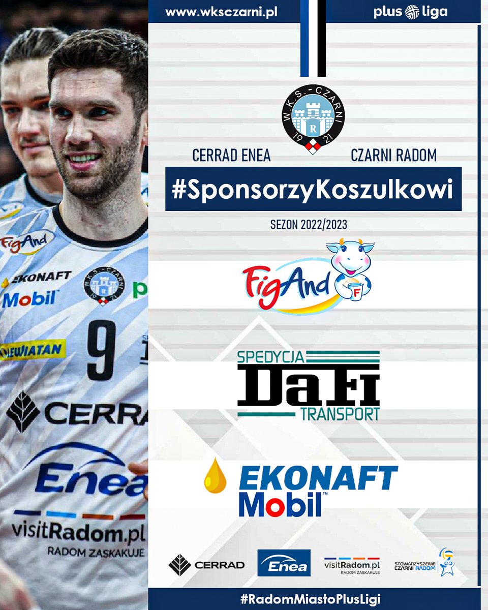 _CzarniRadom_'s tweet photo. Kolejne podziękowania za sezon 2022/2023 pragniemy skierować do firm: 🎖#FigAnd, 🎖#DAFITransportSpedycja oraz 🎖#EKONAFT 🤝 #SponsorzyKoszulkowi
#CerradEneaCzarniRadom | @PlusLiga_ | https://t.co/RdCFLctWqe | #RadomMiastoPlusLigi https://t.co/sj8Wu1c6TB