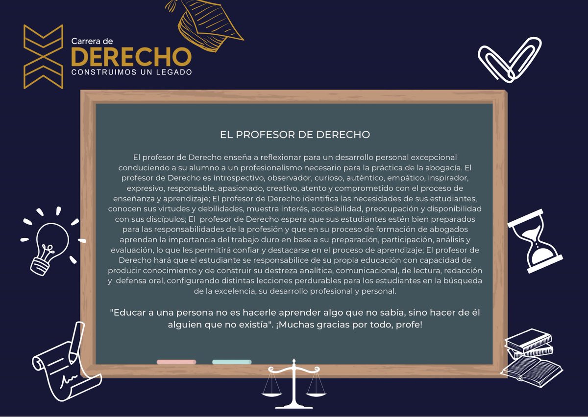 _derecho_unach's tweet photo. #DíaDelMaestro

Queridos Profes de Derecho⌛️⚖️📚, sus palabras, su aliento, apoyo, disciplina y su constancia han forjado muchas generaciones de Abogados, gracias por todo y feliz día 🥳👩‍🏫👨‍🏫.

#ConstruimosUnLegado #SomosDerecho #SomosUnach https://t.co/A0CXXvbzp9