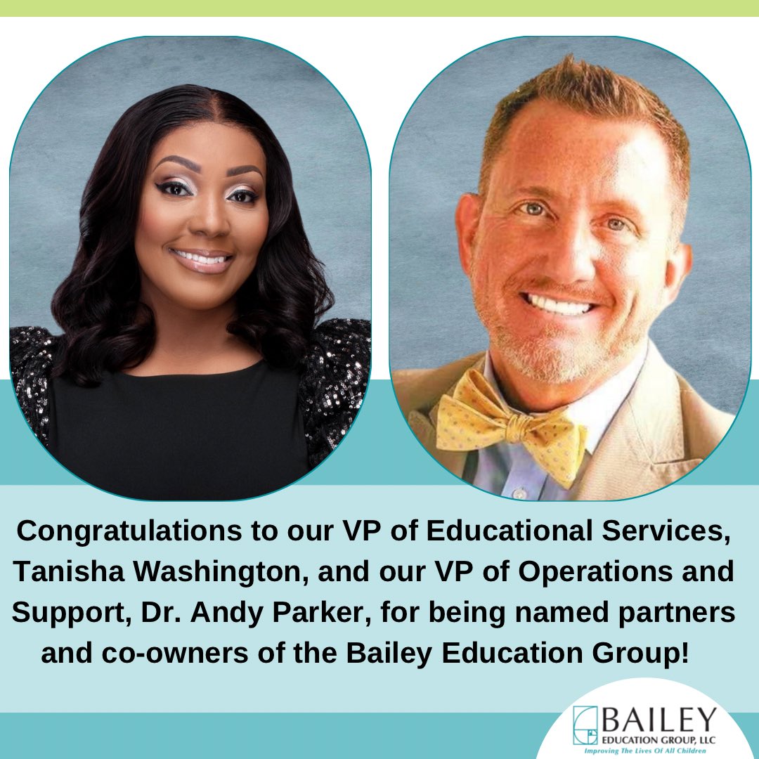 BaileyEducation's tweet photo. Bailey Education Group is excited to welcome Tanisha Washington and Dr. Andy Parker as partners and co-owners of the Bailey Education Group. To read more about Ms. Washington and Dr. Parker, please visit the link below. #baileyeducationgroup🍏🍏 

https://t.co/ExI1MoaK2Q https://t.co/5WgW4Gsq9C