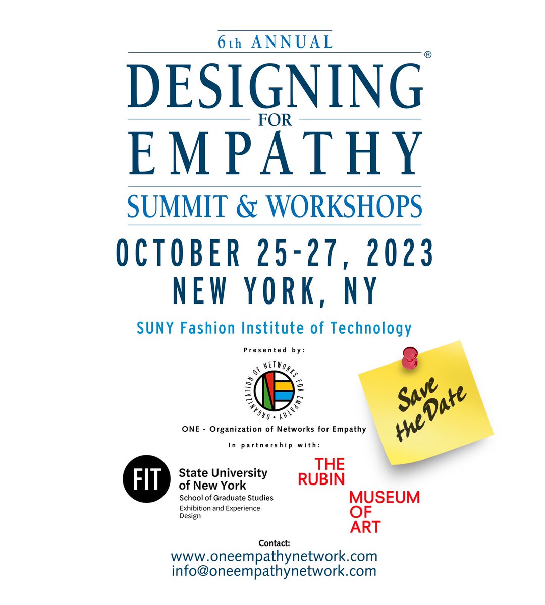 Save the date! 6th Annual Designing for #Empathy Summit and Workshops will take place in New York (October 25-27, 2023) at the <a href="/SUNY/">SUNY - The State University of New York</a> Fashion Institute of Technology and <a href="/RubinMuseum/">Rubin Museum of Himalayan Art</a> — visit: 
oneempathynetwork.com
#designingforempathy
#oneempathynetwork